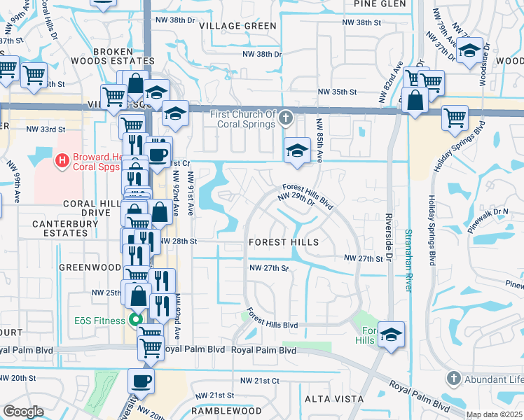 map of restaurants, bars, coffee shops, grocery stores, and more near 8717 Northwest 28th Drive in Coral Springs