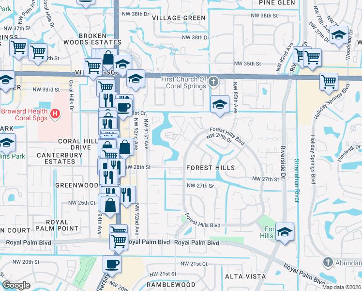map of restaurants, bars, coffee shops, grocery stores, and more near 2920 Forest Hills Boulevard in Coral Springs