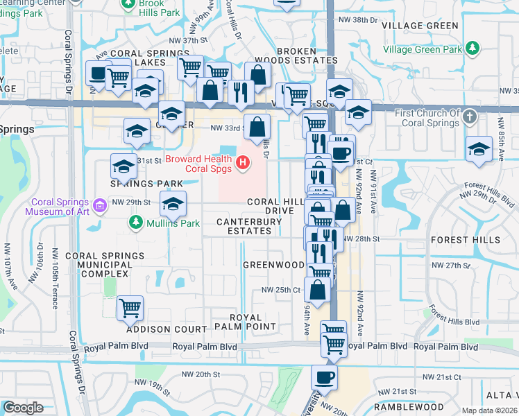 map of restaurants, bars, coffee shops, grocery stores, and more near 9622 Northwest 28th Place in Coral Springs
