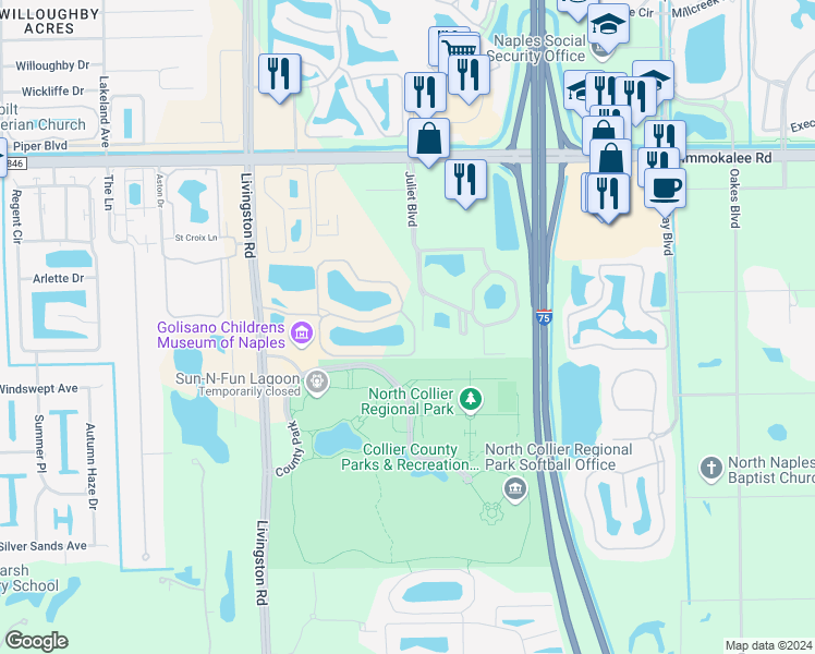map of restaurants, bars, coffee shops, grocery stores, and more near 15114 Palmer Lake Circle in Naples