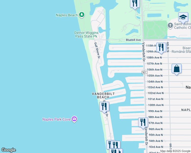map of restaurants, bars, coffee shops, grocery stores, and more near 10573 Gulf Shore Drive in Naples
