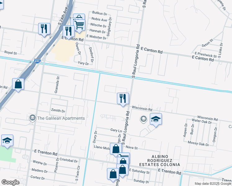 map of restaurants, bars, coffee shops, grocery stores, and more near 2132 East Wisconsin Road in Edinburg