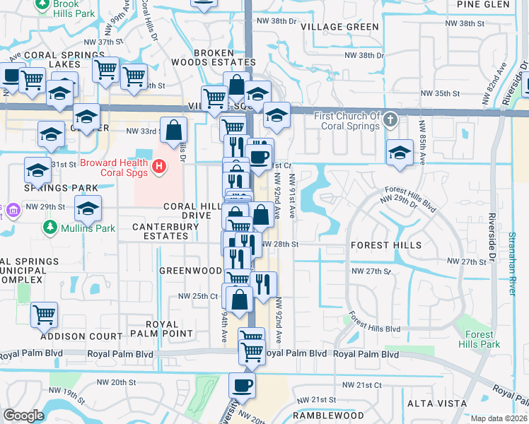 map of restaurants, bars, coffee shops, grocery stores, and more near 2929 North University Drive in Coral Springs