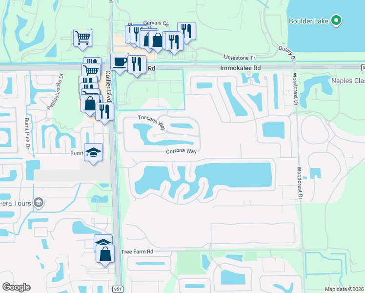 map of restaurants, bars, coffee shops, grocery stores, and more near 15294 Cortona Way in Naples