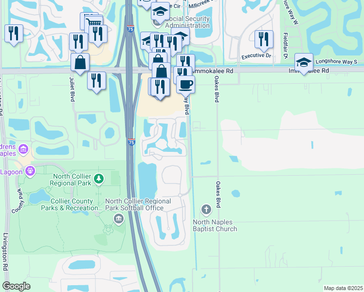 map of restaurants, bars, coffee shops, grocery stores, and more near 2125 Malibu Lake Circle in Naples