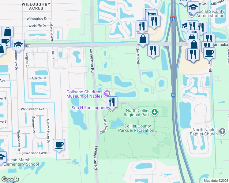 map of restaurants, bars, coffee shops, grocery stores, and more near 15090 Palmer Lake Circle in Naples