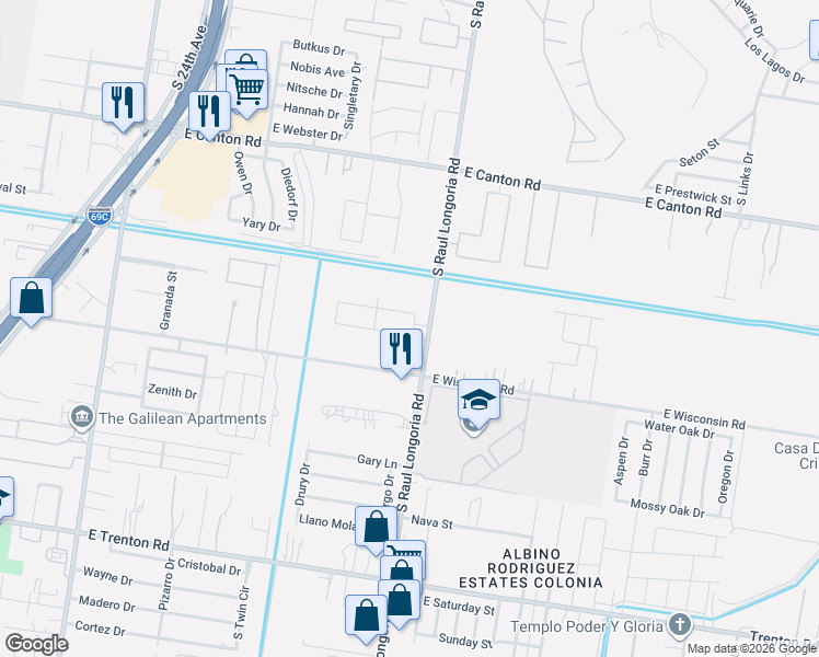 map of restaurants, bars, coffee shops, grocery stores, and more near 2405 E Viviana St in Edinburg
