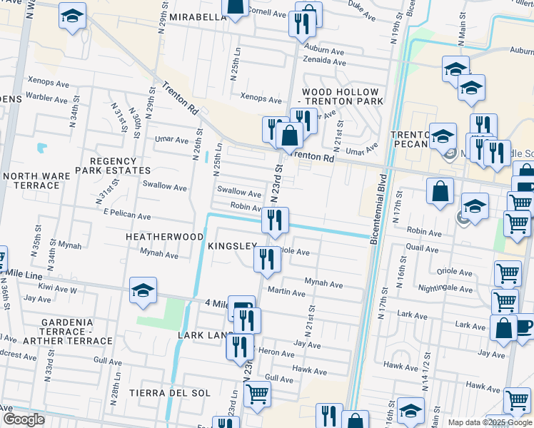 map of restaurants, bars, coffee shops, grocery stores, and more near 2301 Robin Avenue in McAllen