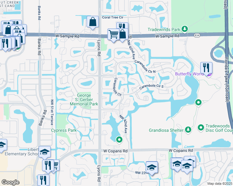 map of restaurants, bars, coffee shops, grocery stores, and more near 3276 Carambola Cir in Coconut Creek