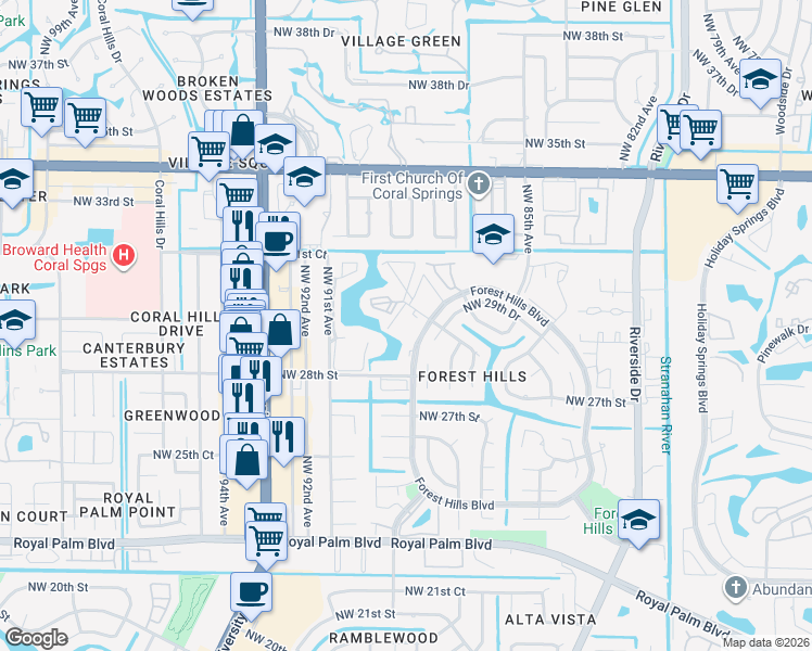 map of restaurants, bars, coffee shops, grocery stores, and more near 2940 Forest Hills Boulevard in Coral Springs
