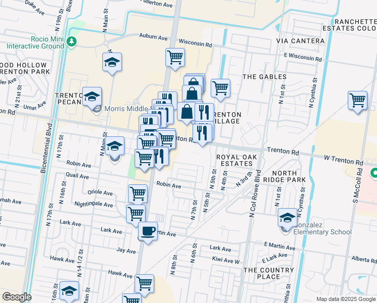 map of restaurants, bars, coffee shops, grocery stores, and more near 801 Trenton Road in McAllen