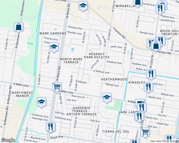 map of restaurants, bars, coffee shops, grocery stores, and more near 6616 North 32nd Street in McAllen