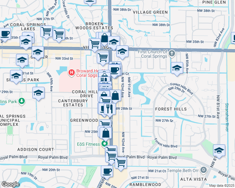 map of restaurants, bars, coffee shops, grocery stores, and more near 2937 Northwest 92nd Avenue in Coral Springs
