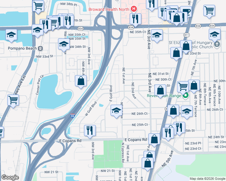 map of restaurants, bars, coffee shops, grocery stores, and more near 110 Northwest 29th Street in Pompano Beach