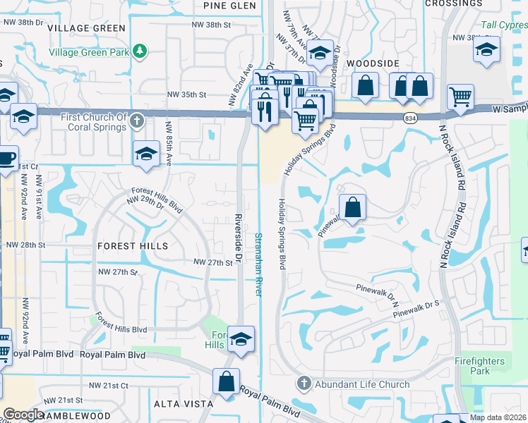 map of restaurants, bars, coffee shops, grocery stores, and more near 3170 Holiday Springs Boulevard in Margate