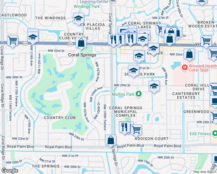 map of restaurants, bars, coffee shops, grocery stores, and more near 10538 Northwest 29th Court in Coral Springs