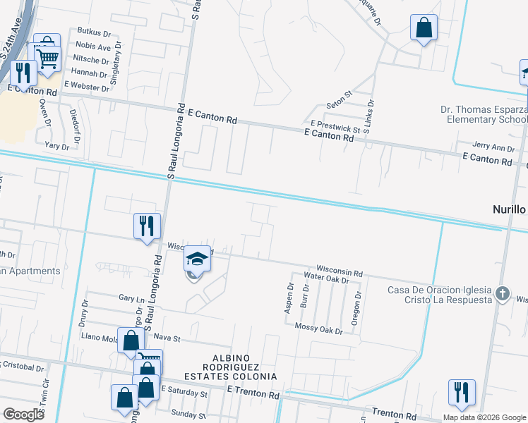 map of restaurants, bars, coffee shops, grocery stores, and more near 3303 Aurora Lane in Edinburg