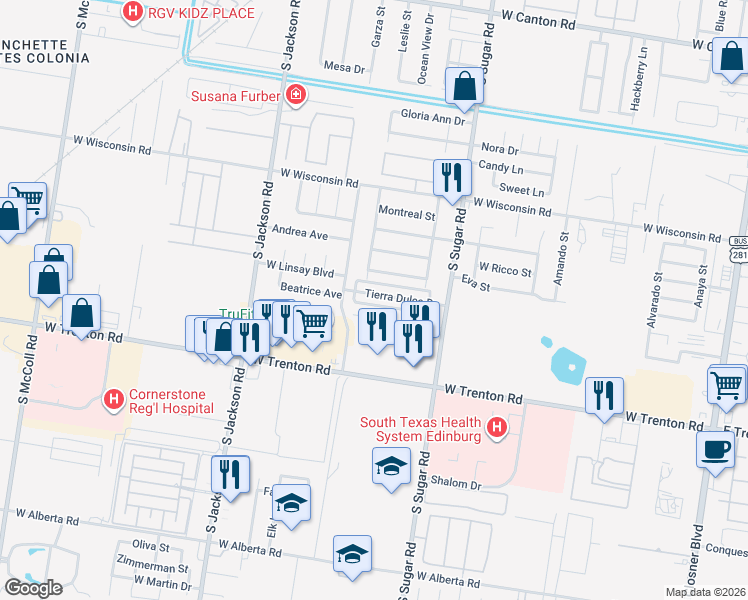 map of restaurants, bars, coffee shops, grocery stores, and more near 1715 Dulcinea Avenue in Edinburg