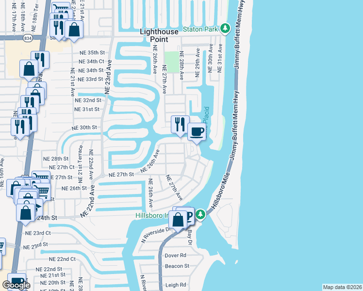 map of restaurants, bars, coffee shops, grocery stores, and more near 2839 Northeast 28th Avenue in Lighthouse Point