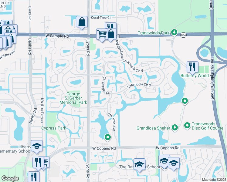 map of restaurants, bars, coffee shops, grocery stores, and more near 3200 Carambola Circle South in Coconut Creek