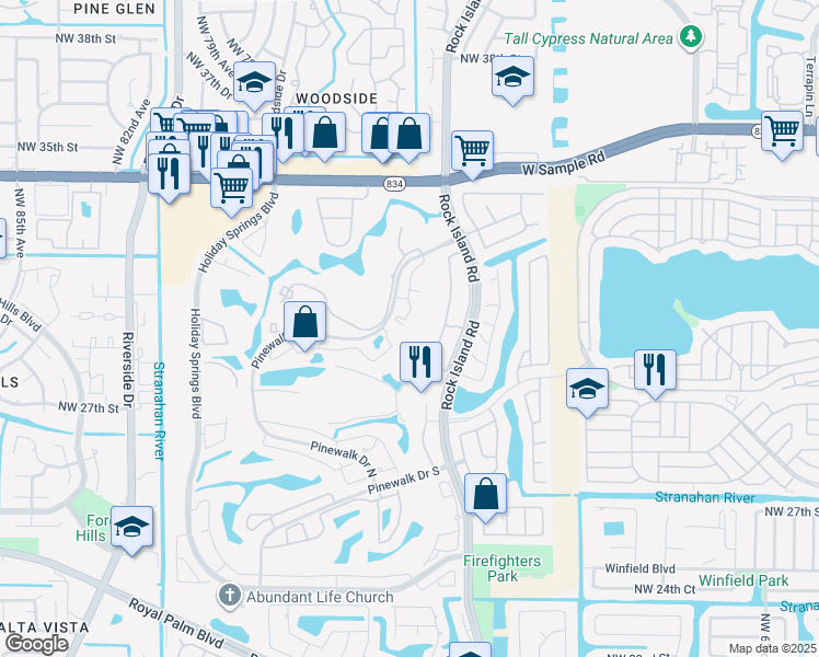 map of restaurants, bars, coffee shops, grocery stores, and more near 3410 Pinewalk Drive North in Margate