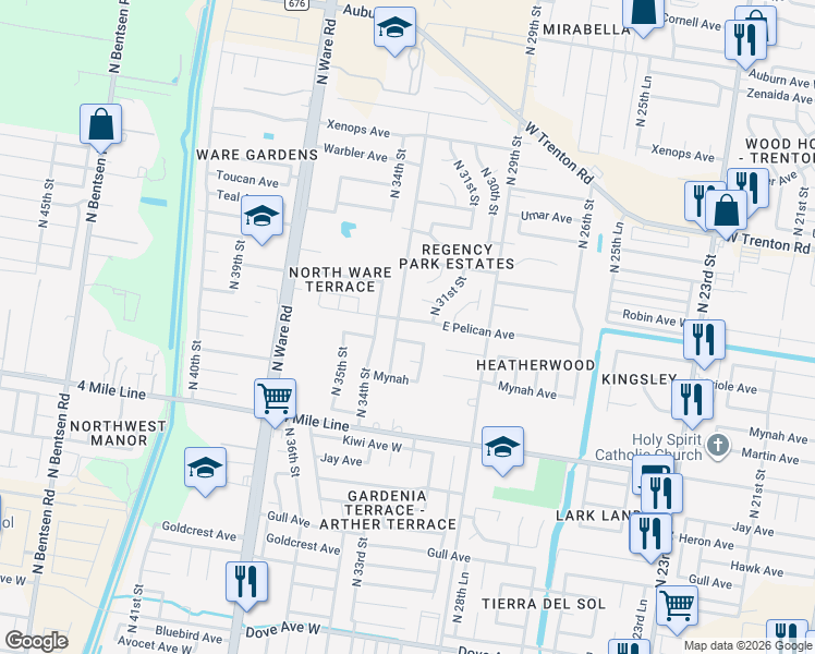 map of restaurants, bars, coffee shops, grocery stores, and more near 3205 East Pelican Avenue in McAllen