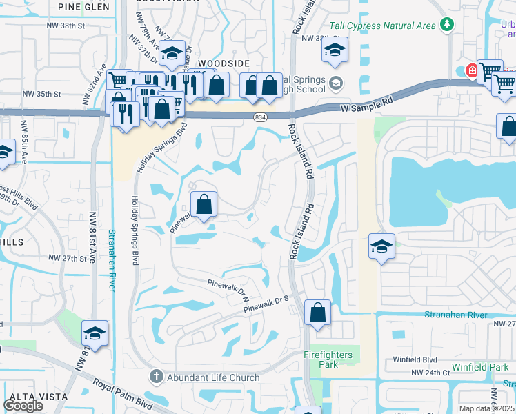 map of restaurants, bars, coffee shops, grocery stores, and more near 3410 Pinewalk Drive North in Margate