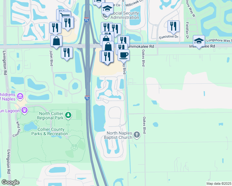 map of restaurants, bars, coffee shops, grocery stores, and more near 2115 Malibu Lake Circle in Naples
