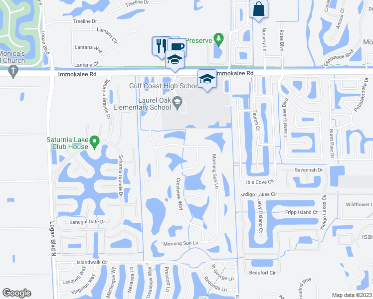 map of restaurants, bars, coffee shops, grocery stores, and more near 2143 Morning Sun Lane in Naples