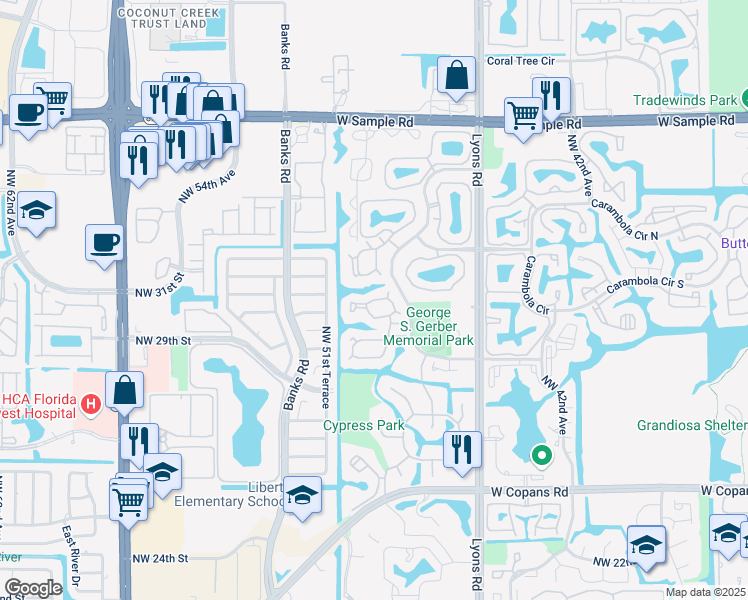 map of restaurants, bars, coffee shops, grocery stores, and more near 181 Cocoplum Circle in Coconut Creek
