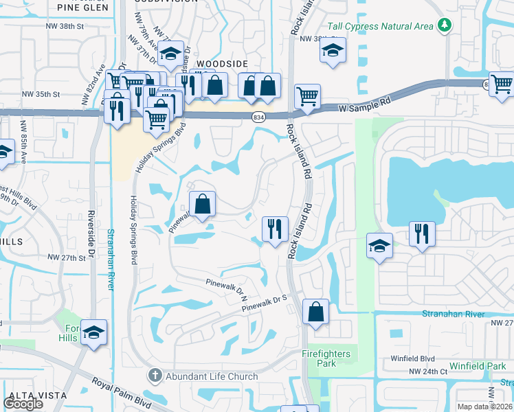 map of restaurants, bars, coffee shops, grocery stores, and more near 3410 Pinewalk Drive North in Margate