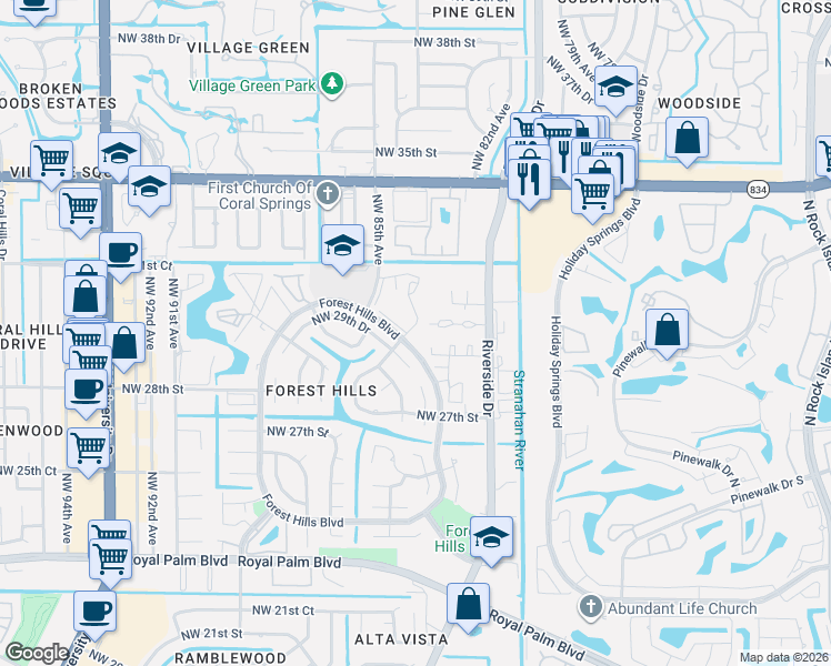 map of restaurants, bars, coffee shops, grocery stores, and more near 8409 Forest Hills Drive in Coral Springs