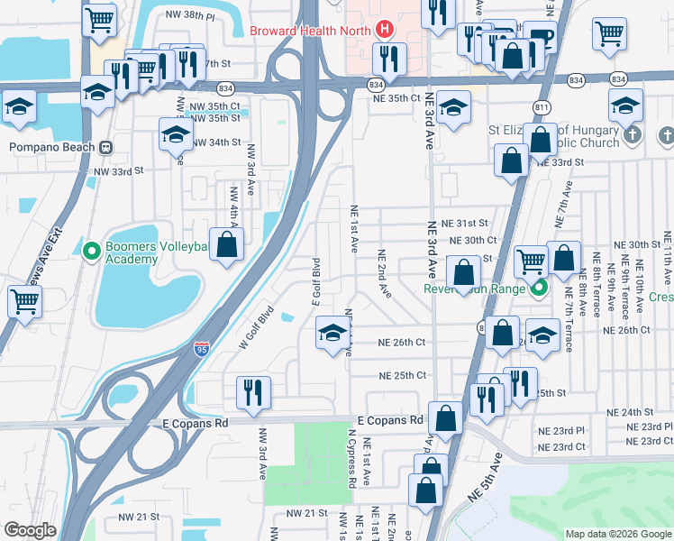 map of restaurants, bars, coffee shops, grocery stores, and more near 110 Northwest 29th Street in Pompano Beach