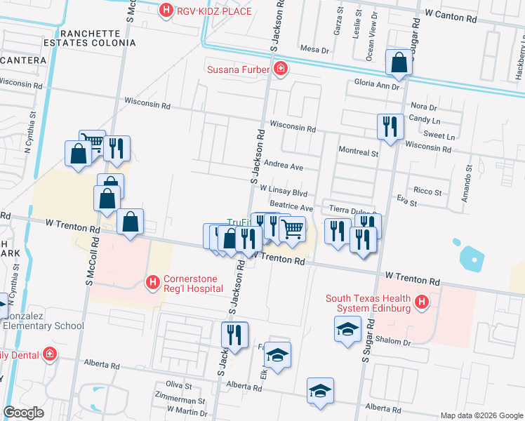 map of restaurants, bars, coffee shops, grocery stores, and more near 3910 South Jackson Road in Edinburg