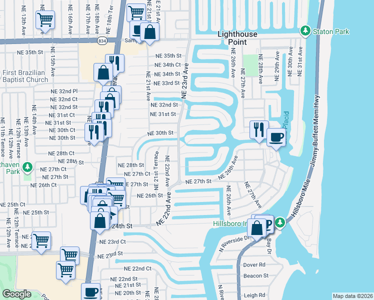 map of restaurants, bars, coffee shops, grocery stores, and more near 2332 Northeast 28th Court in Lighthouse Point