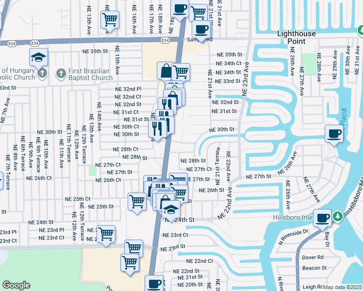 map of restaurants, bars, coffee shops, grocery stores, and more near 1920 Northeast 28th Court in Lighthouse Point