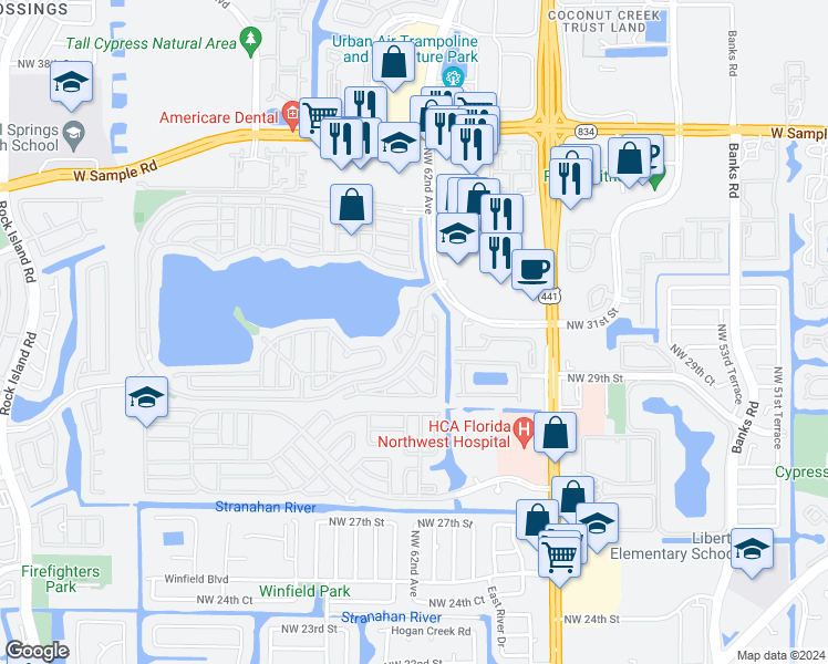map of restaurants, bars, coffee shops, grocery stores, and more near 6212 Flores Del Mar in Margate