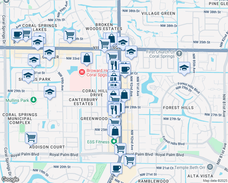 map of restaurants, bars, coffee shops, grocery stores, and more near 2902 North University Drive in Coral Springs