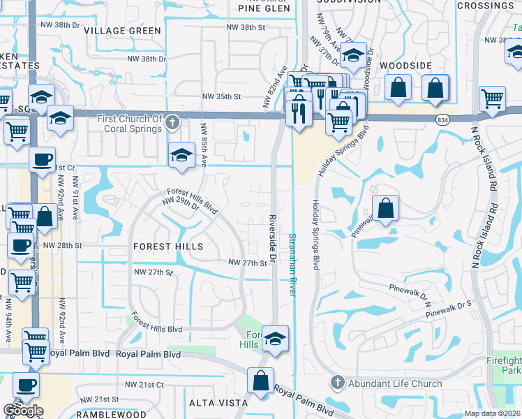map of restaurants, bars, coffee shops, grocery stores, and more near 2889 Forest Hills Boulevard in Coral Springs