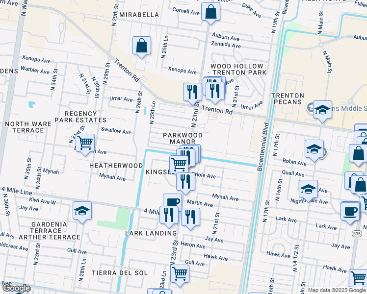 map of restaurants, bars, coffee shops, grocery stores, and more near Robin Avenue in McAllen