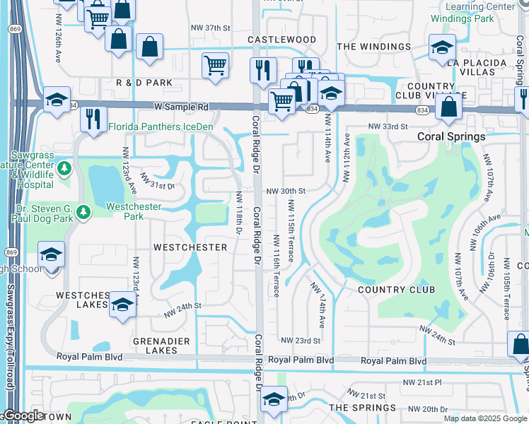 map of restaurants, bars, coffee shops, grocery stores, and more near 11605 Northwest 28th Street in Coral Springs