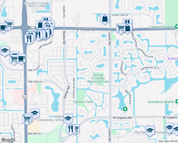 map of restaurants, bars, coffee shops, grocery stores, and more near 3595 Cocoplum Circle in Coconut Creek
