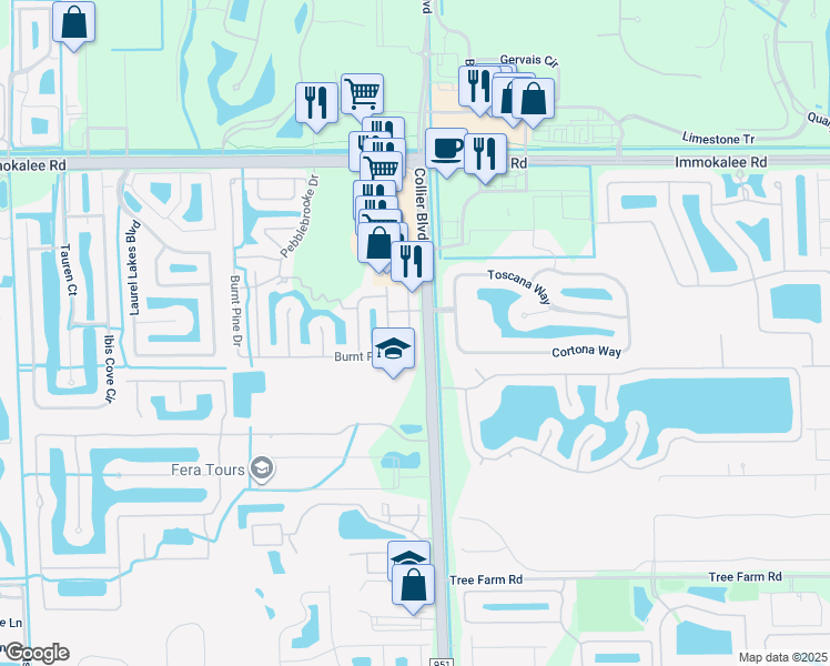 map of restaurants, bars, coffee shops, grocery stores, and more near 358 Burnt Pine Drive in Naples