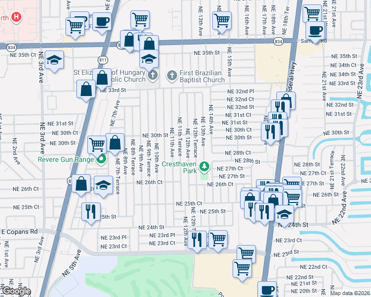 map of restaurants, bars, coffee shops, grocery stores, and more near 2831 Northeast 11th Terrace in Pompano Beach