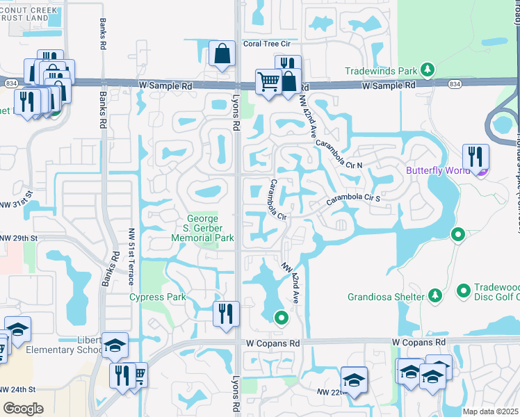 map of restaurants, bars, coffee shops, grocery stores, and more near 3293 Carambola Circle South in Coconut Creek
