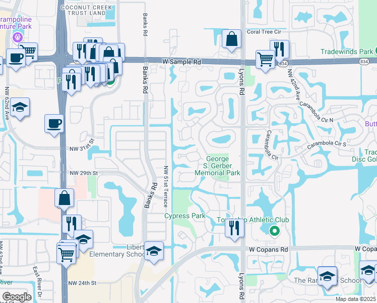 map of restaurants, bars, coffee shops, grocery stores, and more near 181 Cocoplum Circle in Coconut Creek