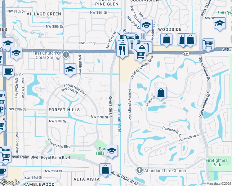 map of restaurants, bars, coffee shops, grocery stores, and more near in Coral Springs