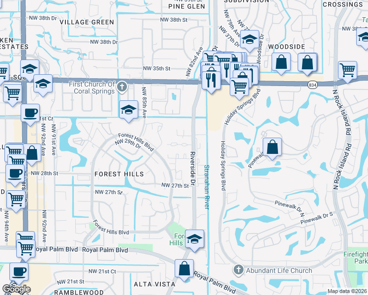 map of restaurants, bars, coffee shops, grocery stores, and more near 2889 Forest Hills Boulevard in Coral Springs