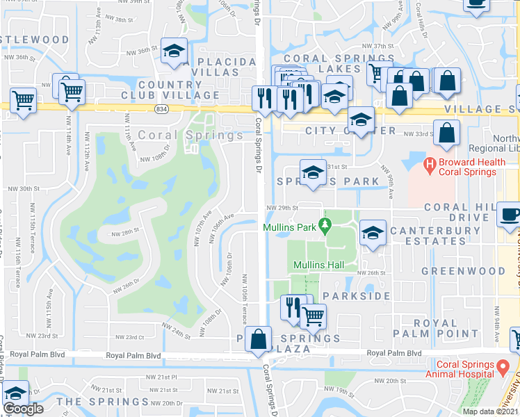 map of restaurants, bars, coffee shops, grocery stores, and more near 10538 Northwest 29th Court in Coral Springs