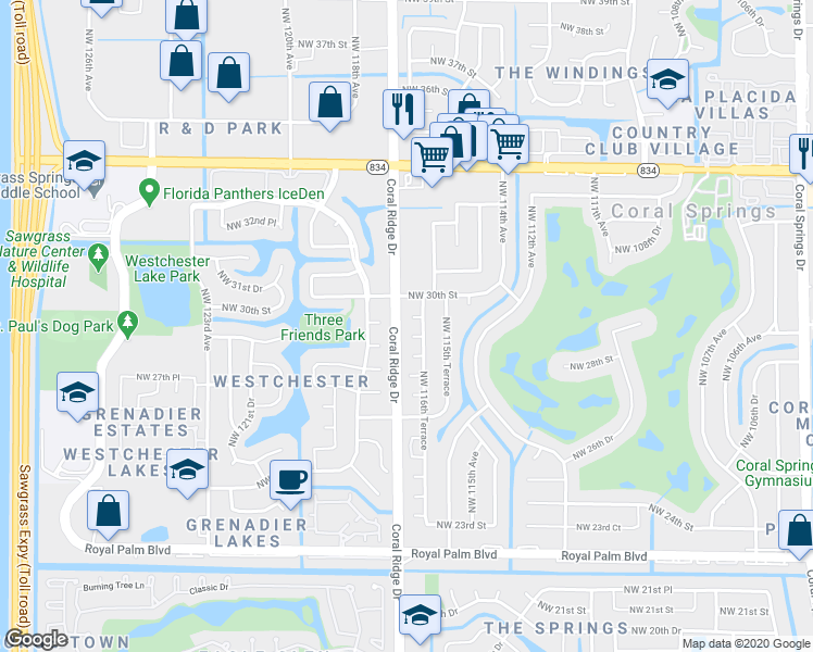 map of restaurants, bars, coffee shops, grocery stores, and more near 11605 Northwest 28th Street in Coral Springs